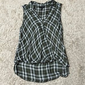 Rock and Republic green white plaid sleeveless wrap front hi lo cinched front